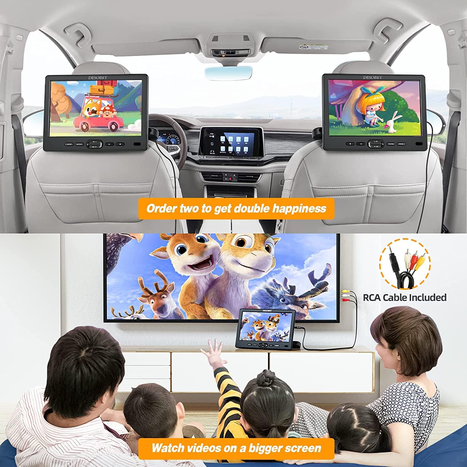 DESOBRY Lettore DVD per auto da 10,5 pollici con supporto per poggiatesta, lettore DVD portatile per auto con cuffie, ingresso disco a ventosa, supporto video 1080P