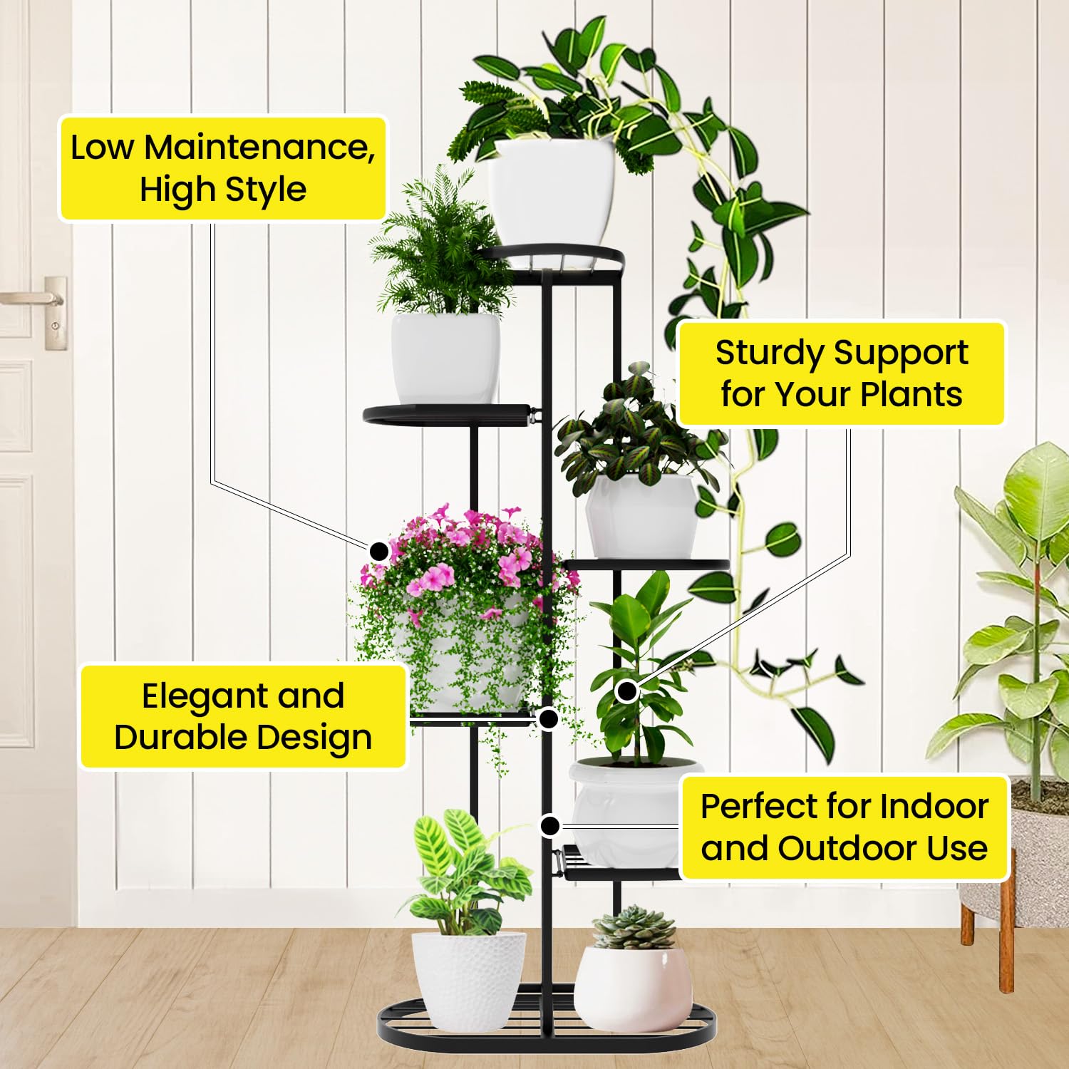 WonderStand MURRANO Multi-Tiered Plant Stand for Balcony (Black) | Planter Stand for Living Room 7 Pot Holders (Easy to assemble, installation kit included) - Image 2 thumbnail