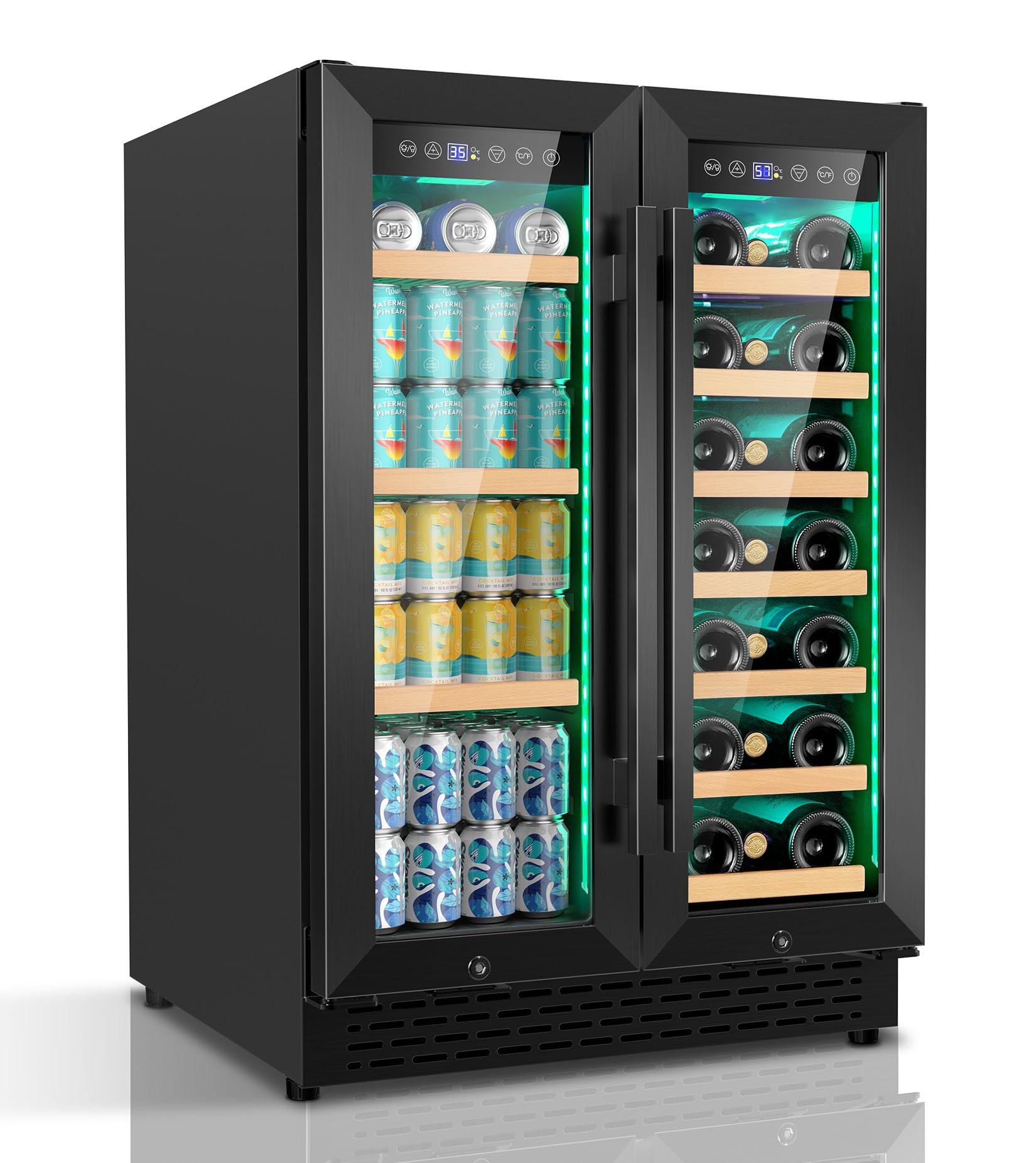 Wine and Beverage Refrigerator 24 Inch Wide, Dual Zone Wine Fridge with Glass Door, Black Drink Cooler Under Counter Freestanding, 3 LED Light, Holds 88 Cans and 21 Bottles, for Beer Soda Home Kitchen