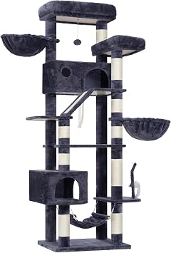 Gitelsnour GCT031G Large Cat Scratching Post Large Cats Stable for Indoor Use 200 cm Cat Scratching Post with Spacious Platforms Cat Caves Hammock Sisal Columns Smoke Grey
