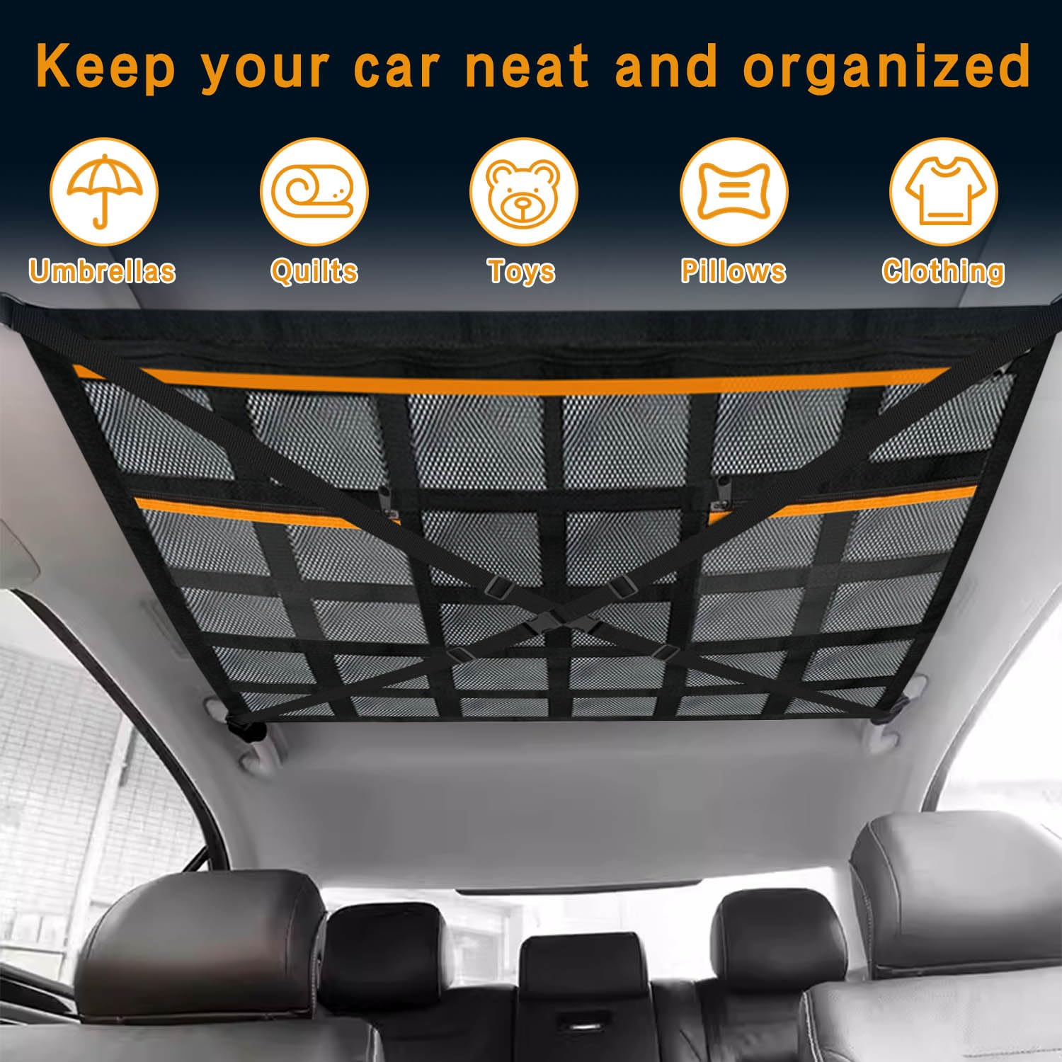 Filet De Rangement Voiture 90x65cm - 3 Poches Zippées Avec Cordon Et Crochets Pour SUV Van