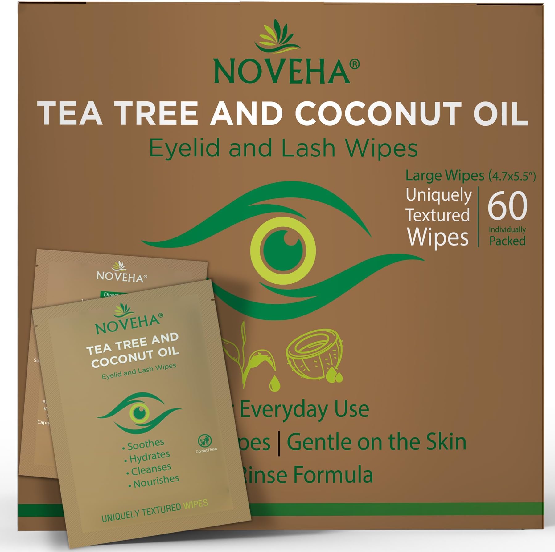 60PCs Tea Tree & Coconut Oil Eyelid & Lash Wipes - For Demodex, Blepharitis & Itchy Eyes, Individually Wrapped Eyelash Wipes With Aloe Vera, Natural Makeup Remover & Daily Eye Cleanser