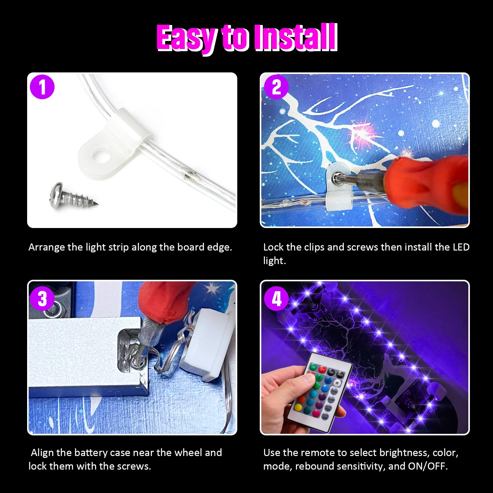 Versión de carga USB mejorada: luz LED para patineta, luz de borde de monopatín con control remoto, 16 cambios de color, libre de cambios de baterías, impermeable, a prueba de golpes, súper brillante 5