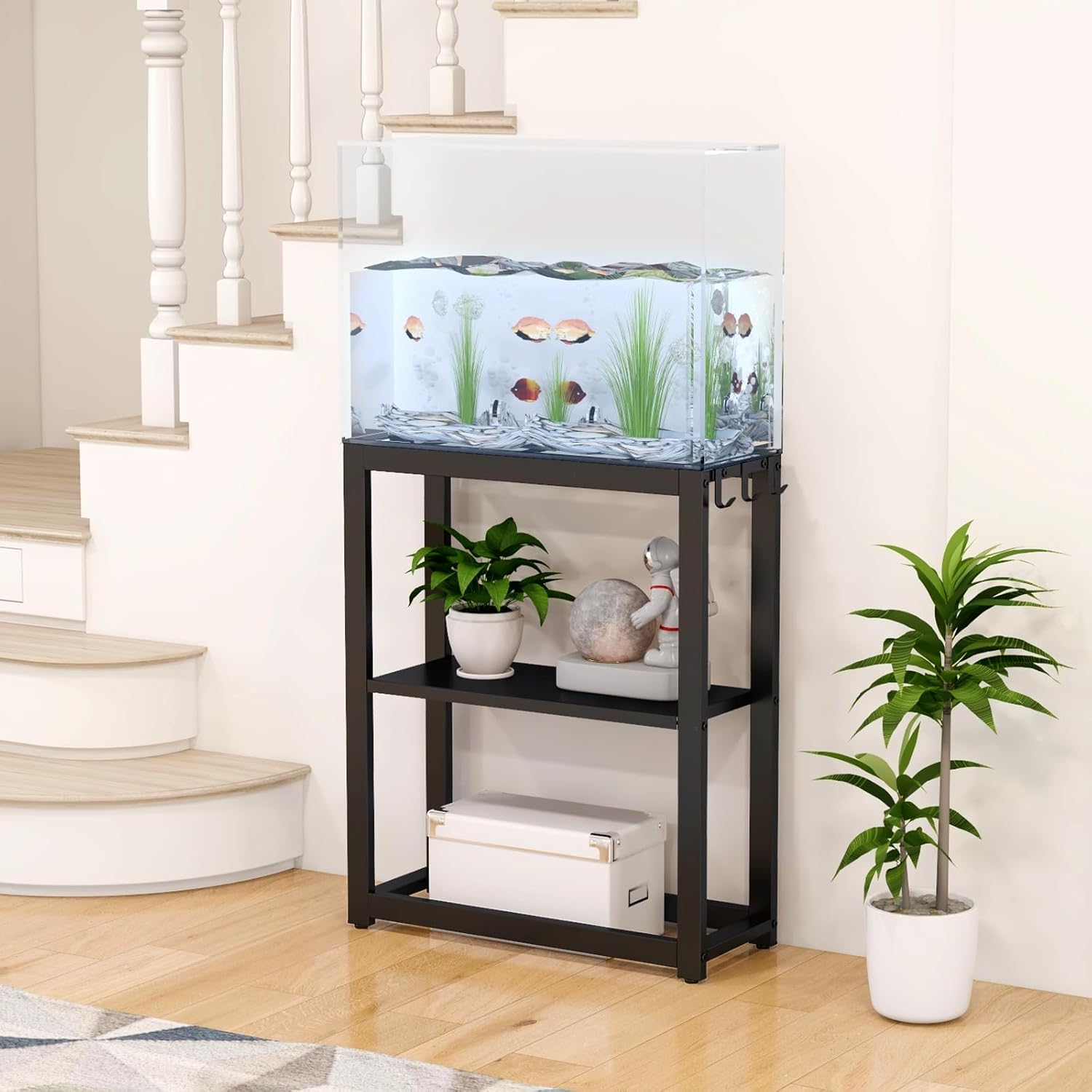 Livofloral 10-20 Gallon Fish Tank Stand with Storage Shelf, Aquarium Stand Measuring 24.8" W x 9.5" D x 30.1" H with Hooks,Heavy Duty Metal Turtle Reptile Tank Stand, Easy Assemble