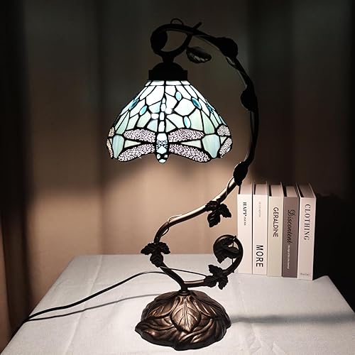 Miniatura 8 de TL0024 Lámpara estilo Tiffany con diseño de libélula azul mar, pantalla de vitral y diseño de vid para dormitorio, sala de estar, 10 pulgadas de