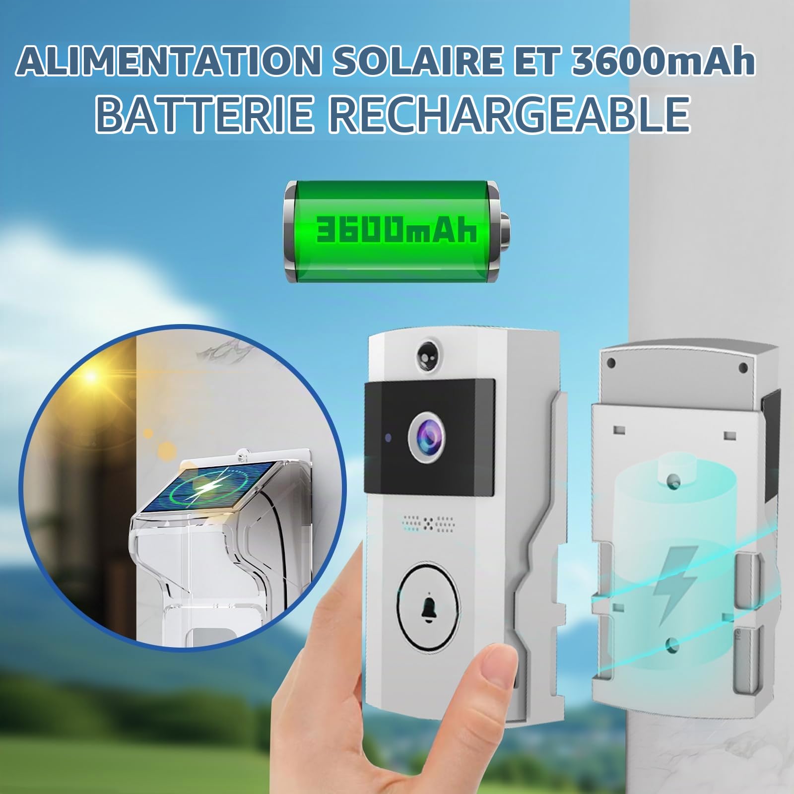 Sonnette de porte sans fil Wi-Fi avec caméra, sonnette vidéo solaire rechargeable, vision nocturne infrarouge, détection de mouvement PIR, interphone bidirectionnel mains libres, sonnette