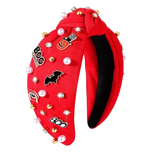 Diadema de Halloween para mujer, diadema anudada de perlas de cristal, con cuentas, calabaza, caramelo, maíz, adornada, diadema con nudo superior,