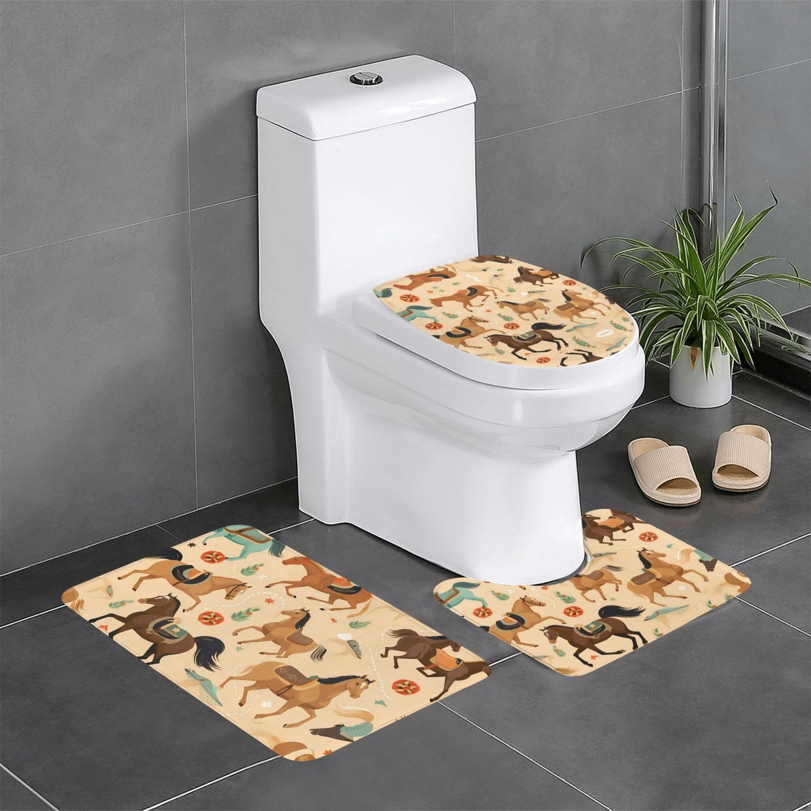 Tapis de salle de bain motif cheval lot de 3 avec contour et tapis ovale