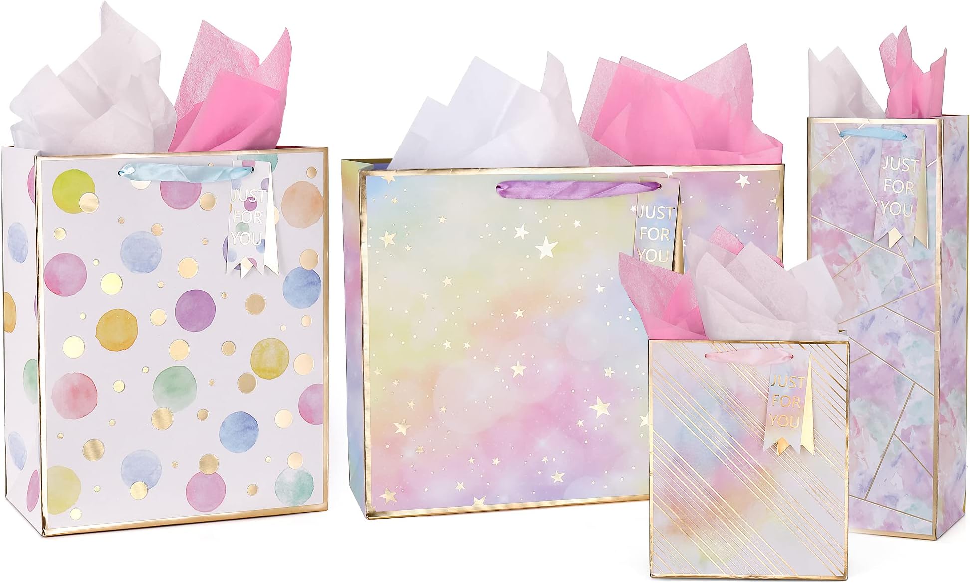 4 Pack Gift Bags Assorted Sizes Large Medium Small Paper Bags with Handles & Tissue Paper Reusable Colorful Polka Dots Stripes Stars Pattern Favor Gags for Party, Birthday, Mother's Day, Wedding Any