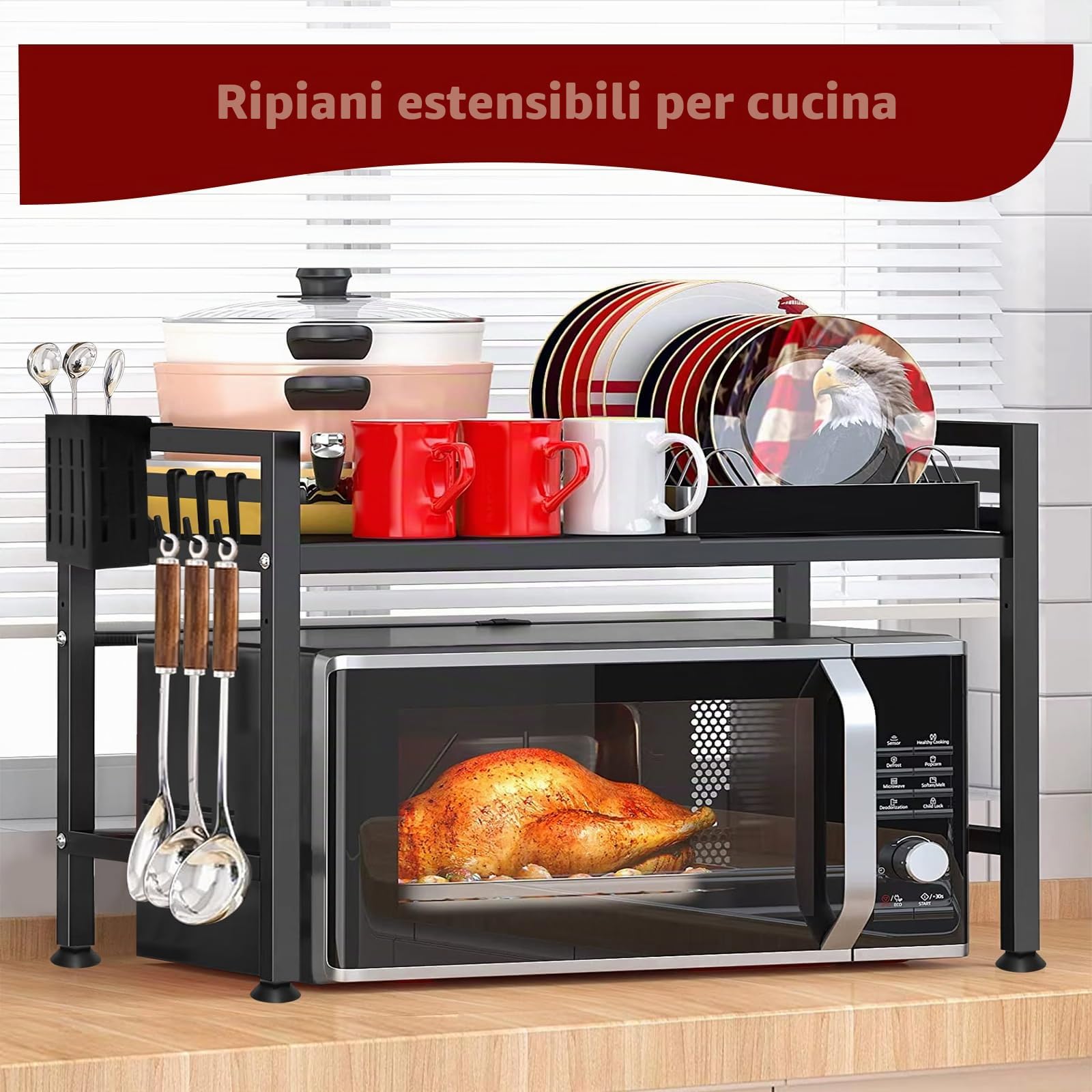Mensola Microonde, Scaffale da Cucina Estensibile, Supporto Microonde Salvaspazio, Ripiano per Microonde con 6 Ganci 1 Porta Utensili da Cucina, Mobiletto Cucina Microonde Nero