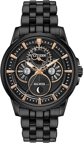 CITIZEN Men's Classic Calendrier Eco-Drive Watch, Moonphase Indicator, Month, Day and Date, Black Ion-Plated/Rose Gold Accents