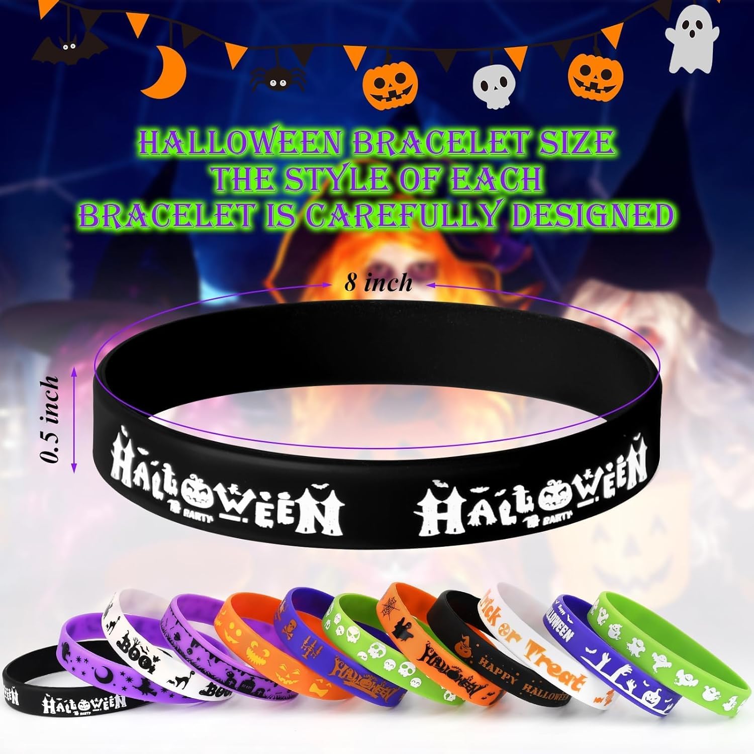 120PCS Halloween Rubber Bracelets,Silicone Wristbands for Halloween Party Favors Supplies Rubber Bracelets Bulk for Trick or Treat Gifts - Image 2