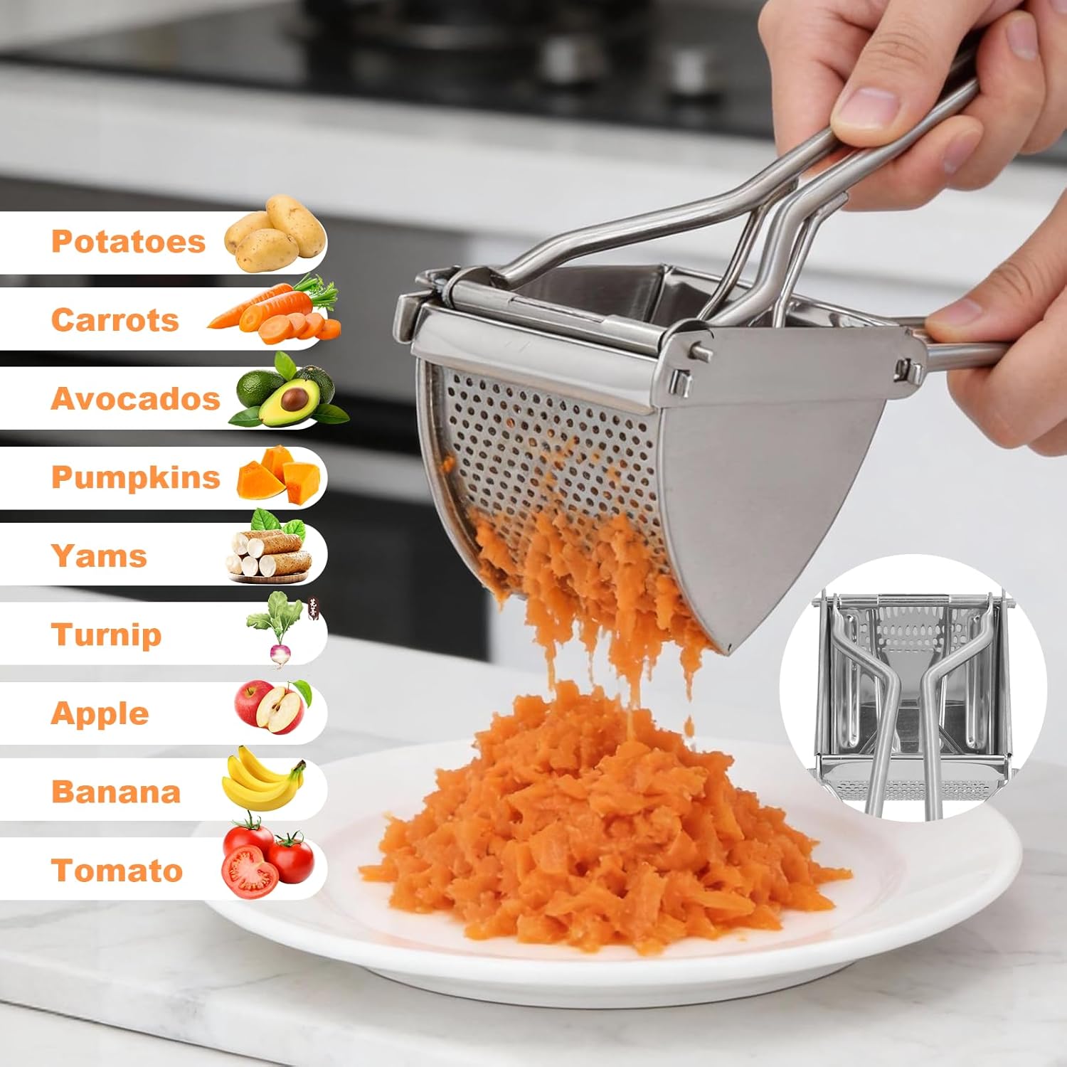 Potato Ricer Crusher Fruit Lemon Squeezer Handheld Potato Masher Stainless Steel Manual Potato Presser Kitchen Gadgets for Home Catering Establishments