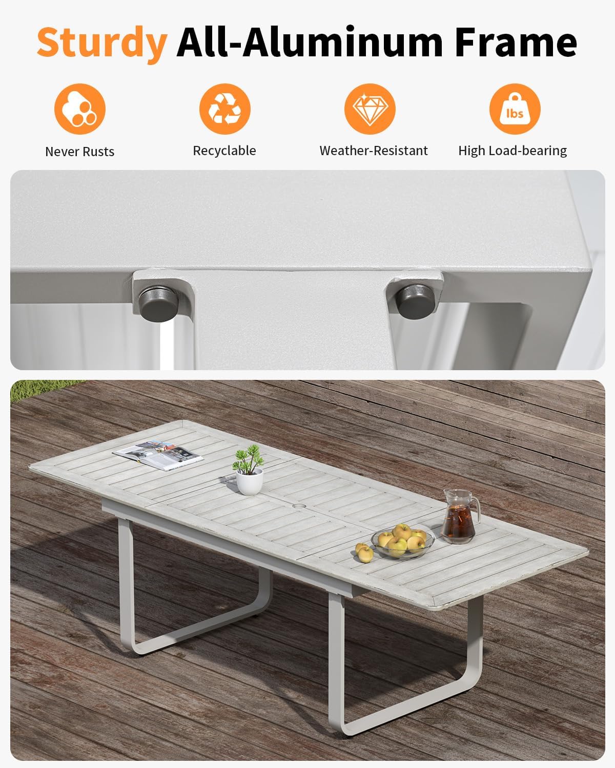 Expandable Outdoor Dining Table for 6-8 Person, Never-Rust Aluminum Extendable Dining Table with U-Shape Legs, 59"-97" Rectangular Patio Table for Porch, Deck, Backyard, White Wood