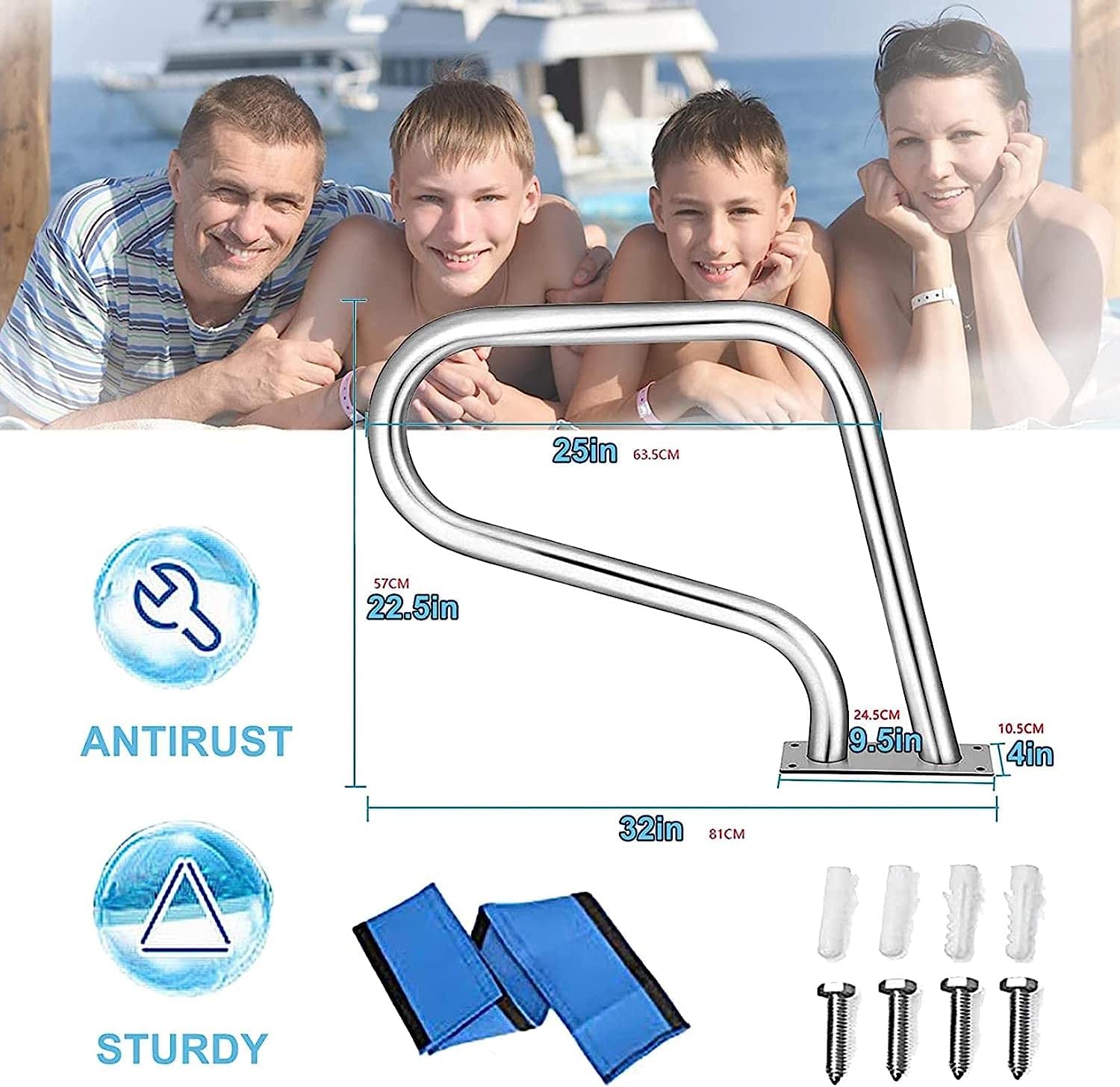Pasamanos para Piscina, pasamanos para Piscina de Acero Inoxidable 304 con Cubierta para reposabrazos 32 x 22,5 pulgadas/81 x 57 cm