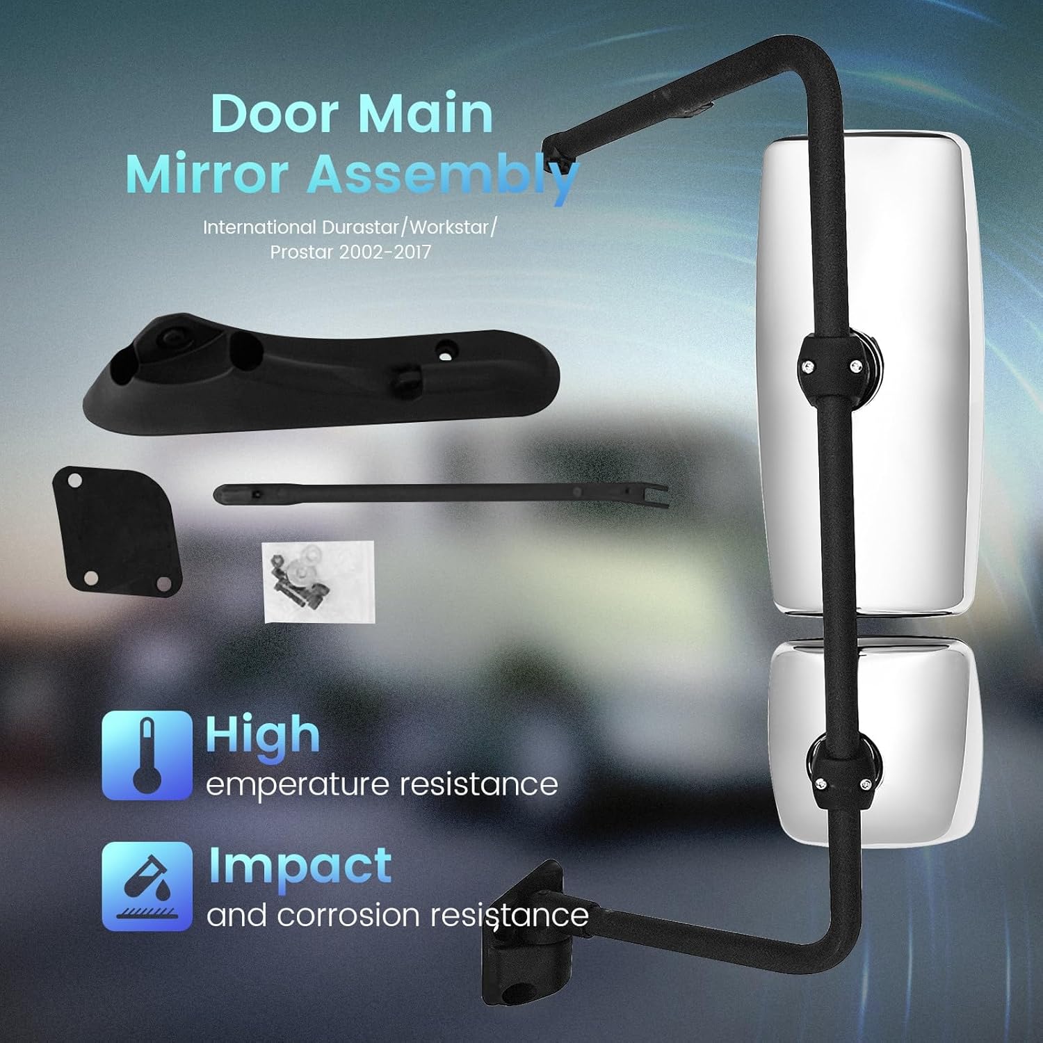 Chrome Door Main Mirror Assembly for INTERNATIONAL 4300 Side Mirror Assembly with Arm for INTERNATIONAL 4400 7400 7600 8500 8600 Durastar Workstar Transtar Prostar Lonestar Truck (Left side)
