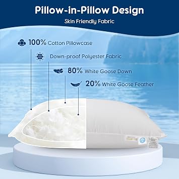 Canadian Fluffy Goose Down Pillow Standard Size 750 Fill Power 80% Goose Down 20% Goose Feather Bed Pillow with 100% Cotton, Teflon Finish Shell Down Pillows Plush and Support (20X26 Set of 2)