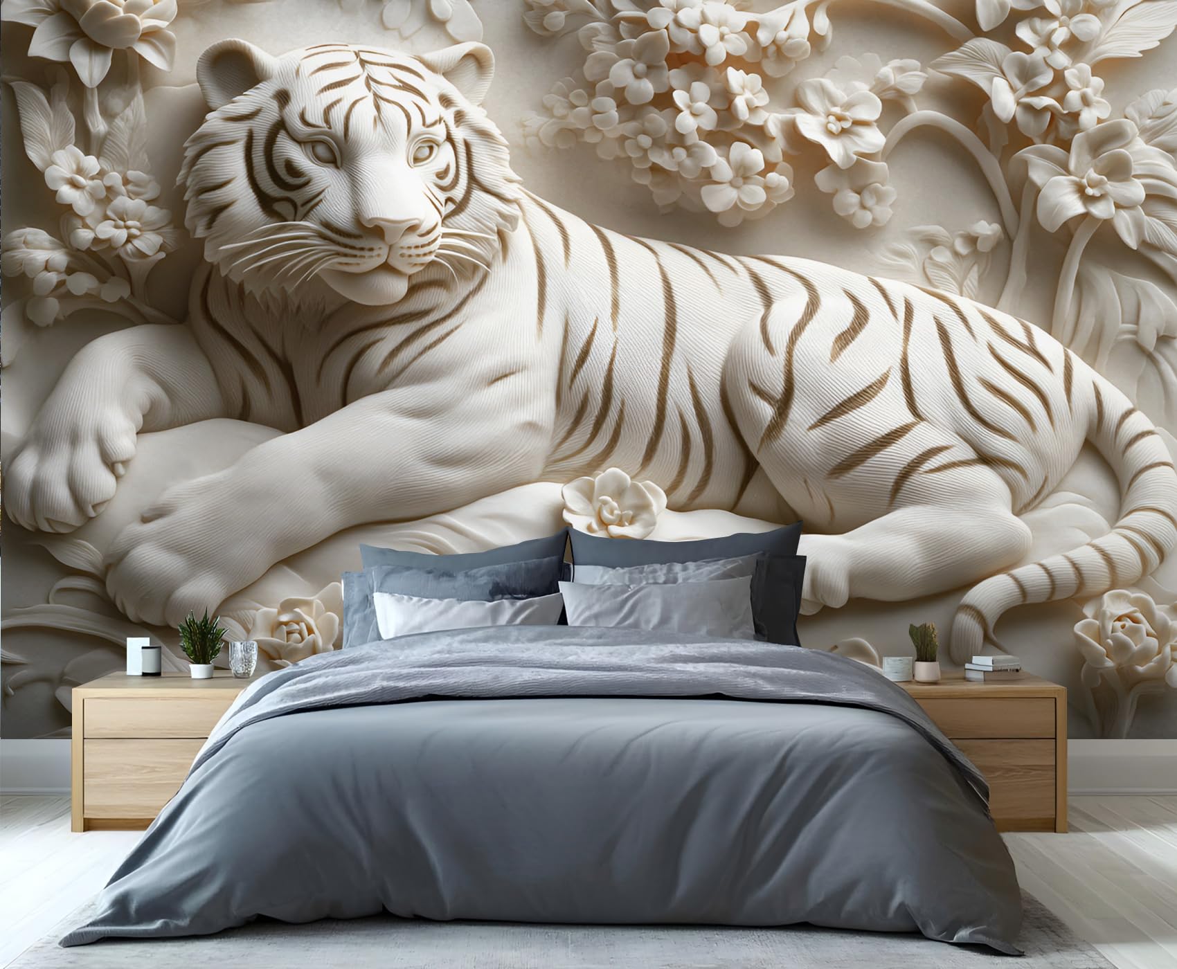 GIVLWF Tiger Wallpaper, 3D Embossed Animal Bedroom Wallpaper, Elegant White Wall Paper for Living Room, Not Self Adhesive Retro Wall Mural, Simple Large Mural & Room Decor
