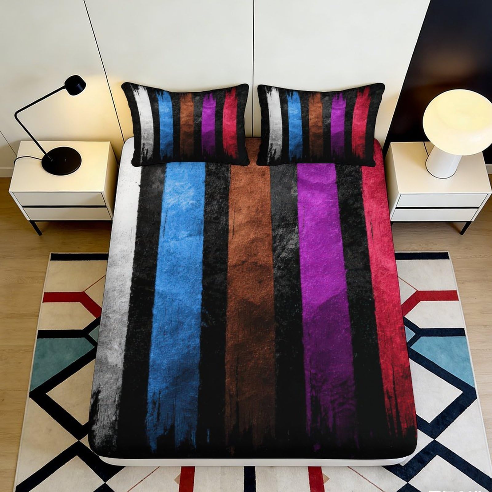 Ctjqhvmx Style-5 3D Printed Colorful Stripe Fitted Sheet Microfiber Deep Pocket Bedroom Bedding Stripe Mattress Fitted Cover Non-Slip 90X200x25cm 90X200x25cm