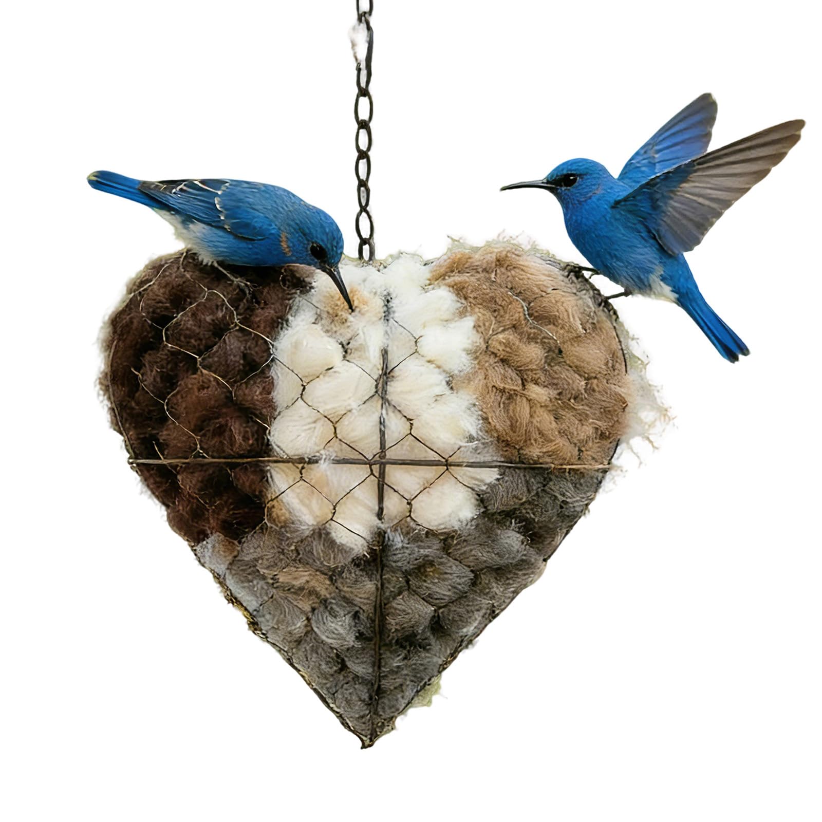 Fácil de colgar en forma de corazón, protección para pájaros, jardín, decoración de patio, hierro nido de pájaro, corazón, diseño recargable con fibras de algodón, nido salvaje de temporada, nido de