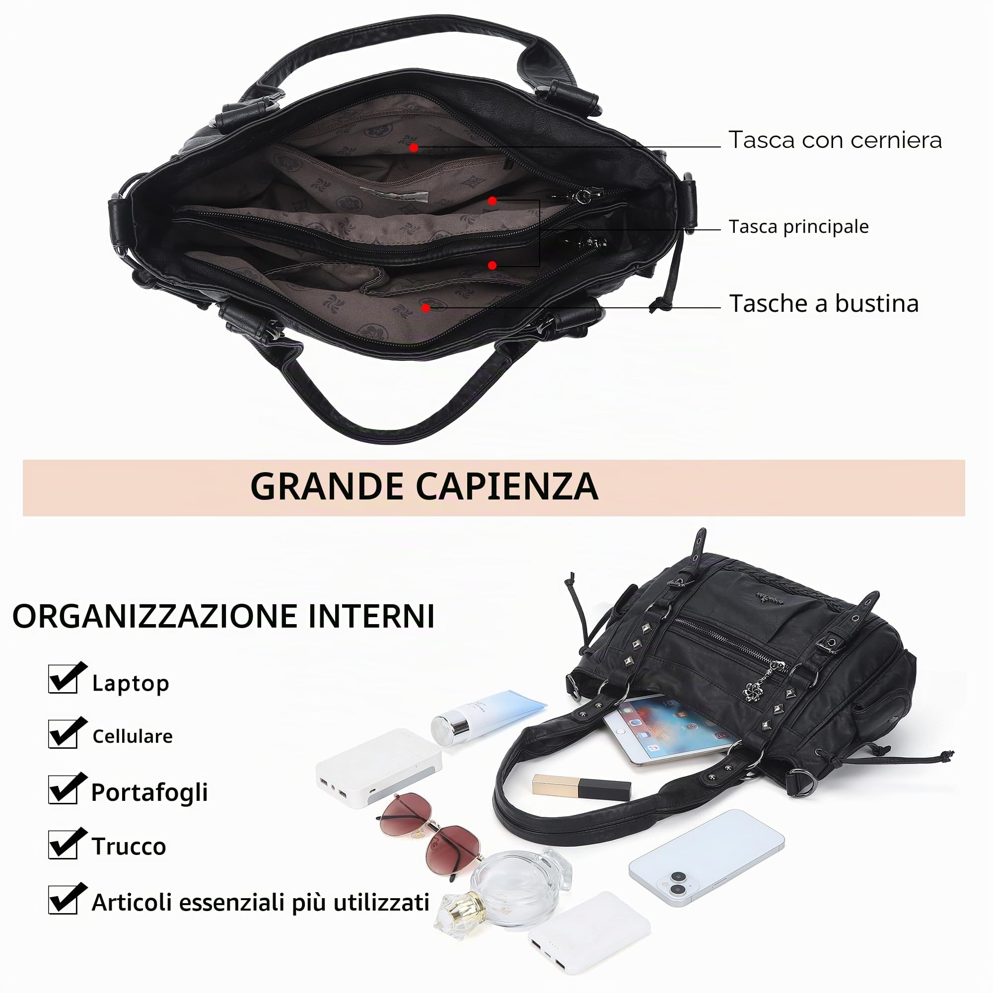 Angel Kiss - Borsa a tracolla da donna multi tasca retrò , hobo, a sacchetto, tote