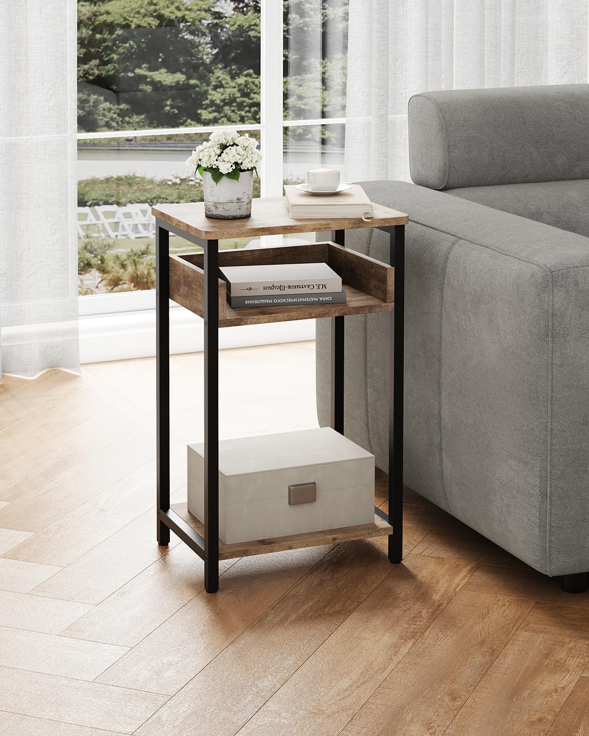 Side Table, 25 inch High End Table, Small Bedside Table for Living Room, Bedroom and Office, Greige & Black