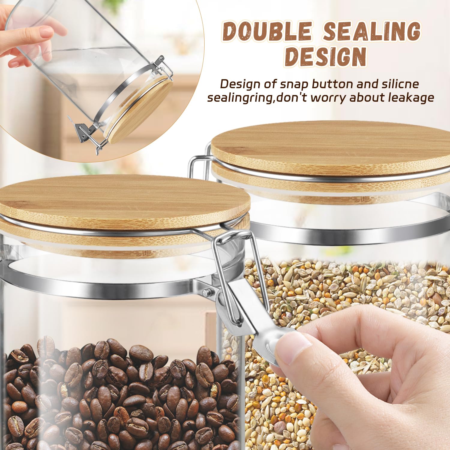 Set di 2 barattoli in vetro con coperchio in bambù, vuoti, con morsetto di bloccaggio, contenitori da cucina in vetro, per chicchi di caffè, zucchero, tè, spezie e altro (1250 ml/4 oz)
