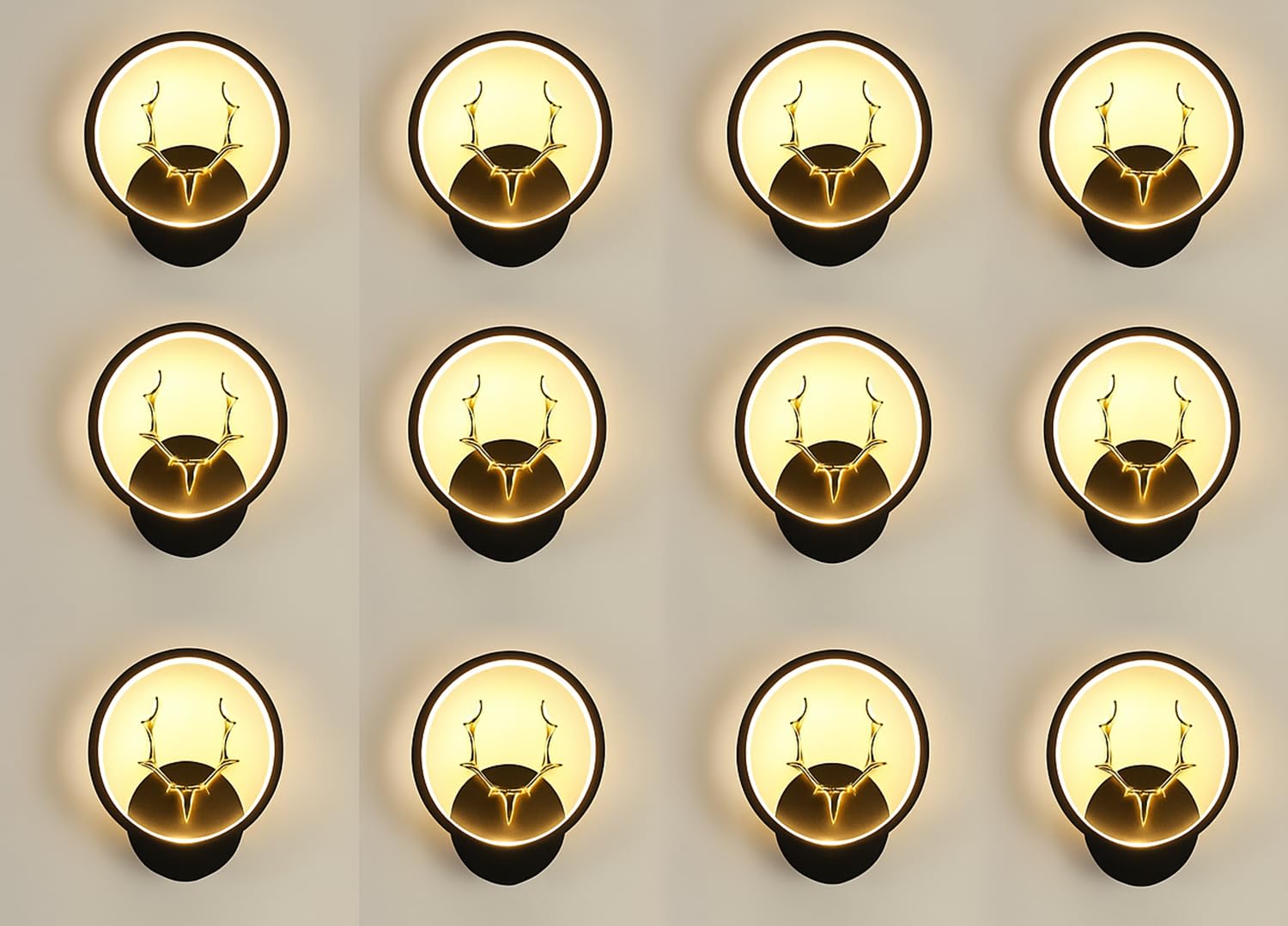 Desidiya Round LED Wall Light with Golden Deer Head Decor Several Color Modes, Creative Flush Mount Wall Lamp for Bedroom, Living Room, Hallway & Interior Décor | Energy-Efficient Pack of 12