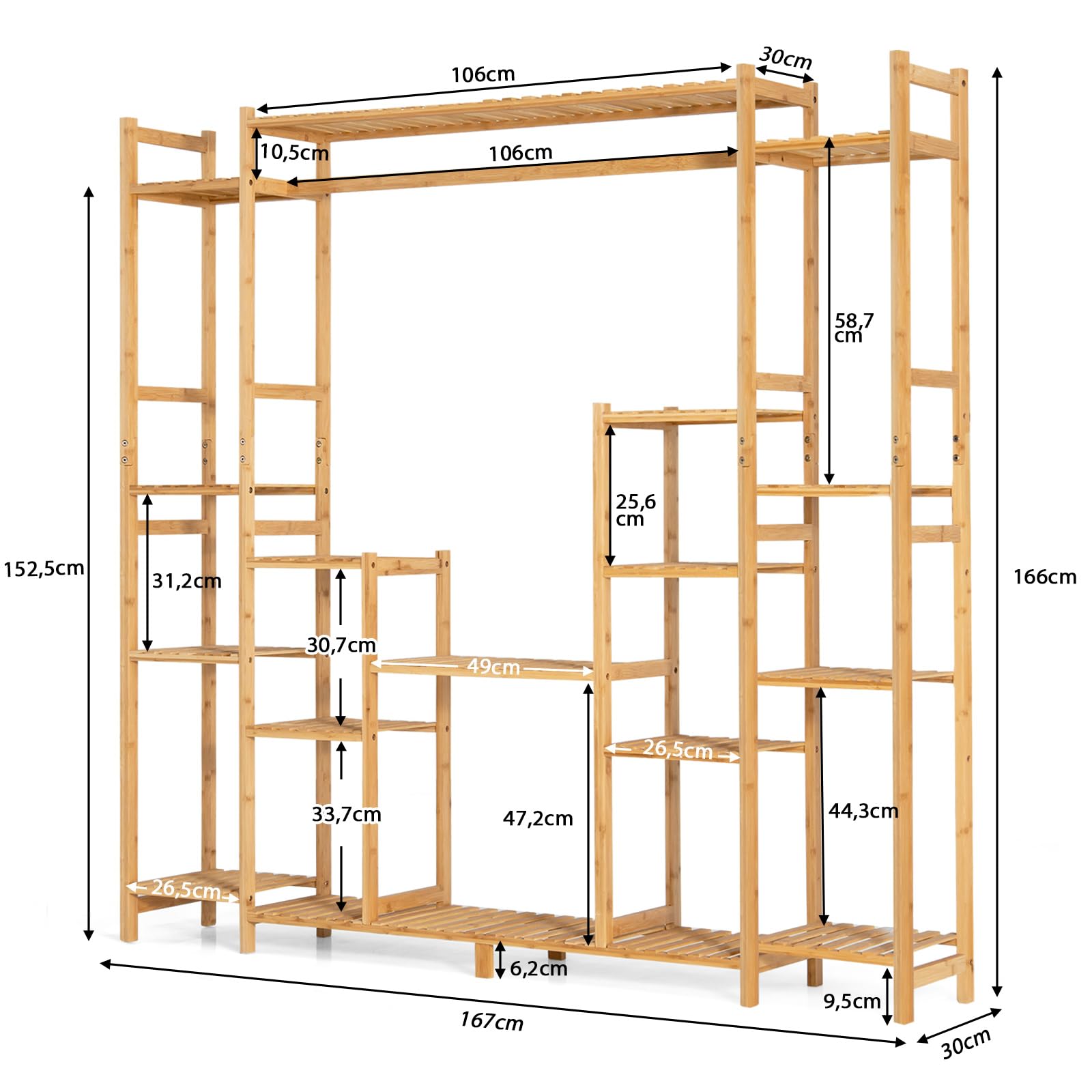 COSTWAY Pflanzenregal Bambus, Standregal mit 9 Ebenen, Raumteiler Blumenregal mit Hängegestell, Treppenregal Stufenregal Pflanzenständer, Bambusregal für Wohnzimmer Balkon, 167 x 30 x 166 cm