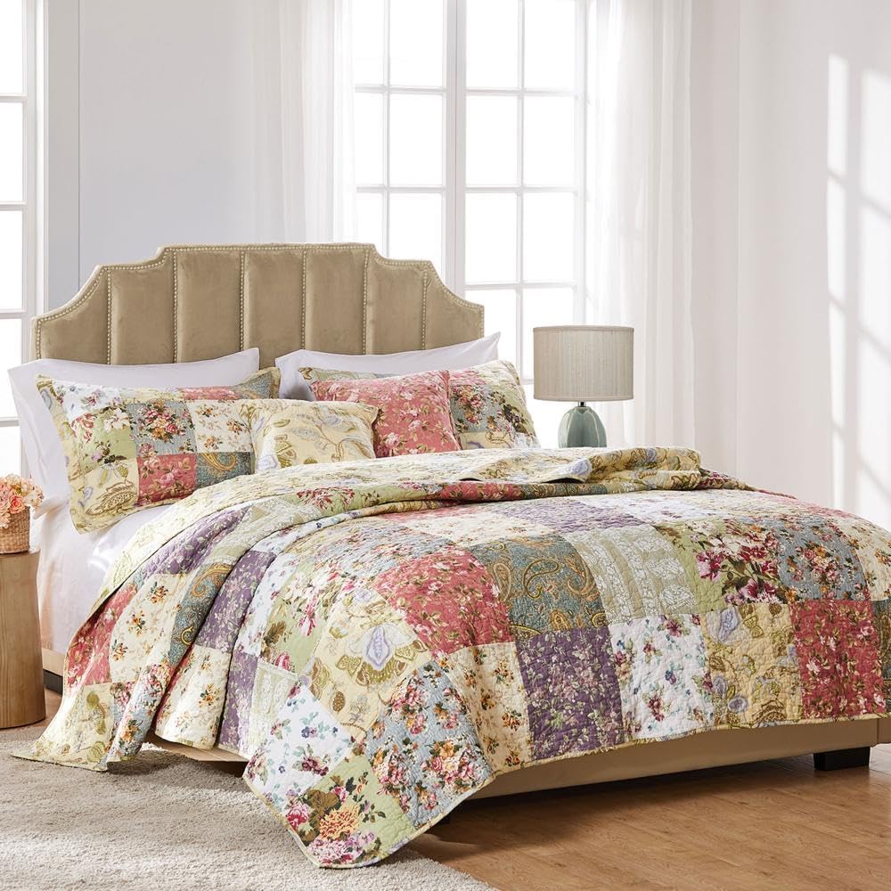 Greenland Home Blooming Prairie 100% Cotton Authentic Patchwork Reversible Quilt Set, 5-Piece King/Cal King