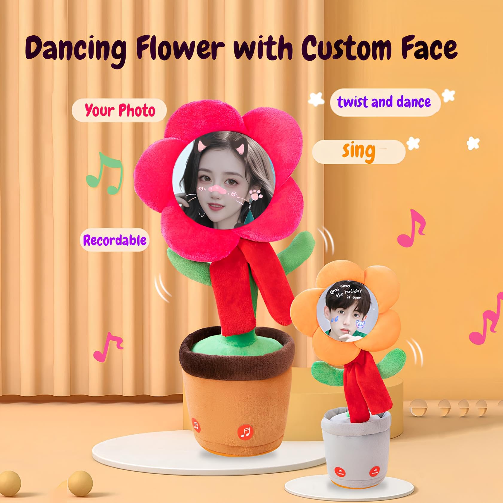 Fleur Dansante Personnalisée – Tournesol Parlant Avec Visage Unique – Bluetooth Et Écoute Musique – Cadeau Fun Anniversaire, Noël, Saint-Valentin – Recharge USB