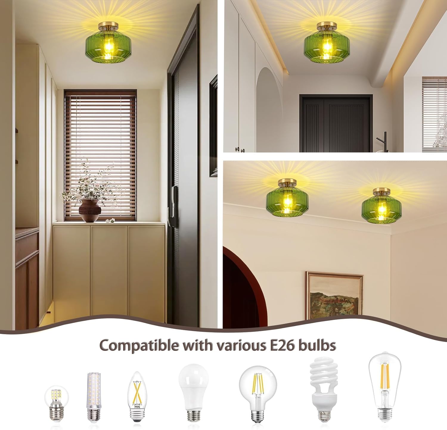 Modern Semi Flush Mount Ceiling Light, Mid Century E26 Close to Ceiling Light Fixtures with Green Glass Shade, 11.02 Inch Vintage Glass Ceiling Lights for Bedroom, Kitchen, Living Room