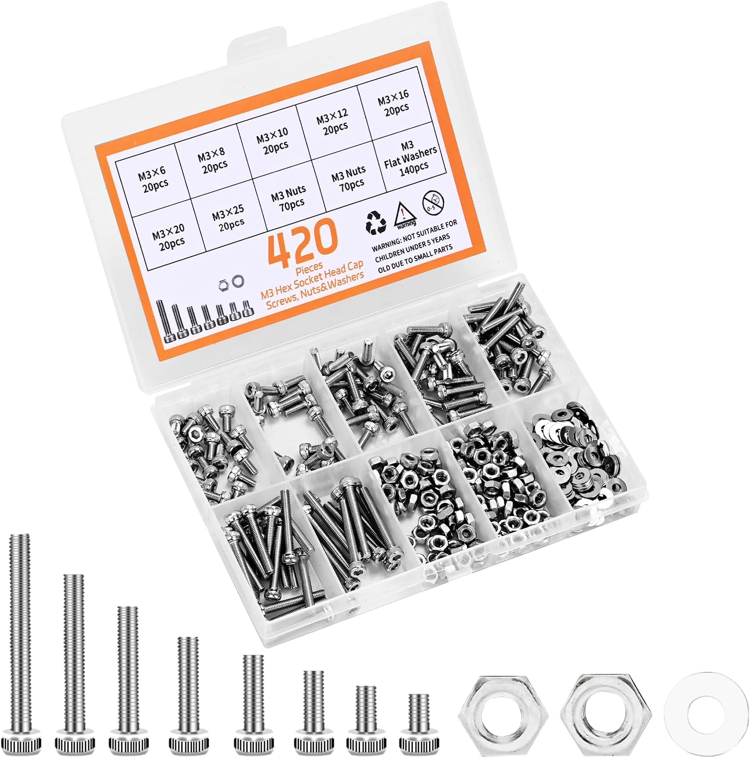 420pcs M3 Screw Kit, Premium Hex Socket Head Cap Screw Assortment with Nuts and Washers, M3x6mm /8mm /10mm /12mm /16mm /20mm /25mm (Silver)