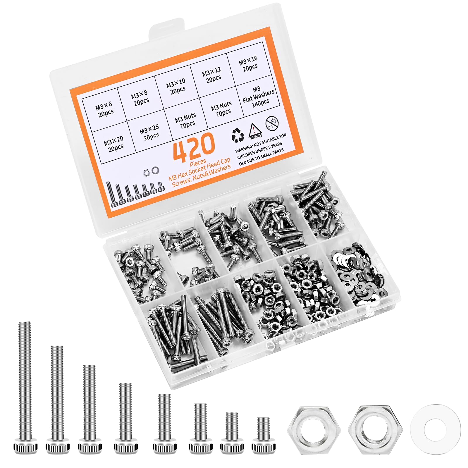 420pcs M3 Screw Kit, Premium M3 Hex Socket Head Cap Screw Assortment with Nuts and Washers, M3 x 6mm /8mm /10mm /12mm /16mm /20mm /25mm (Silver)