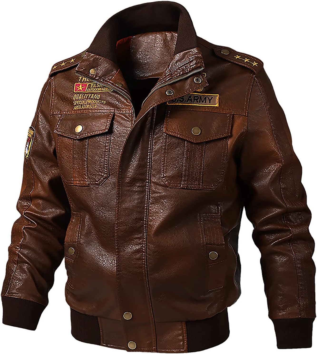 LOMENG Casual Stand Collar PU Faux Leather Jacket Motorcycle Bomber Jacket Slim Fit Biker Coat for Men