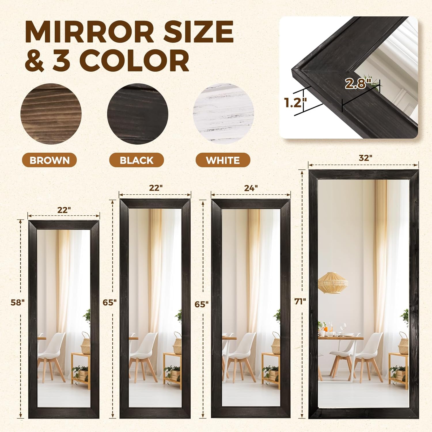 Full Length Mirror 58"x22" - Beveled Edge Rustic Black Dressing Mirror, Solid Wood Frame, Wall Mounted or Leaning for Bedroom, Entryway, Living Room