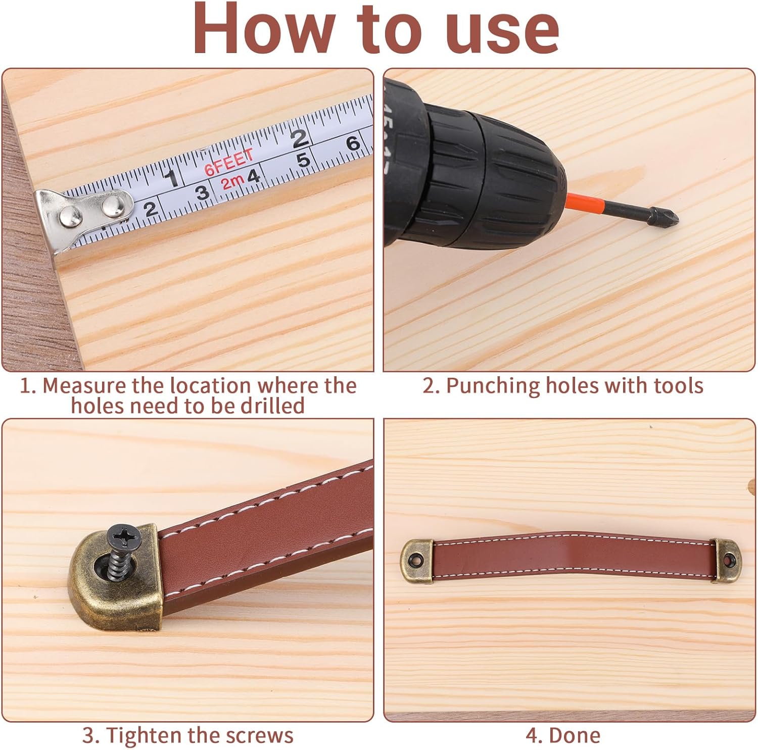 4 Pcs Leather Drawer Pulls, Handles for Drawers, Leather Strap Trunk Handle Brown Cabinet Handles with Mounting Screws for Drawer, Furniture, Luggage, Cabinet Knobs