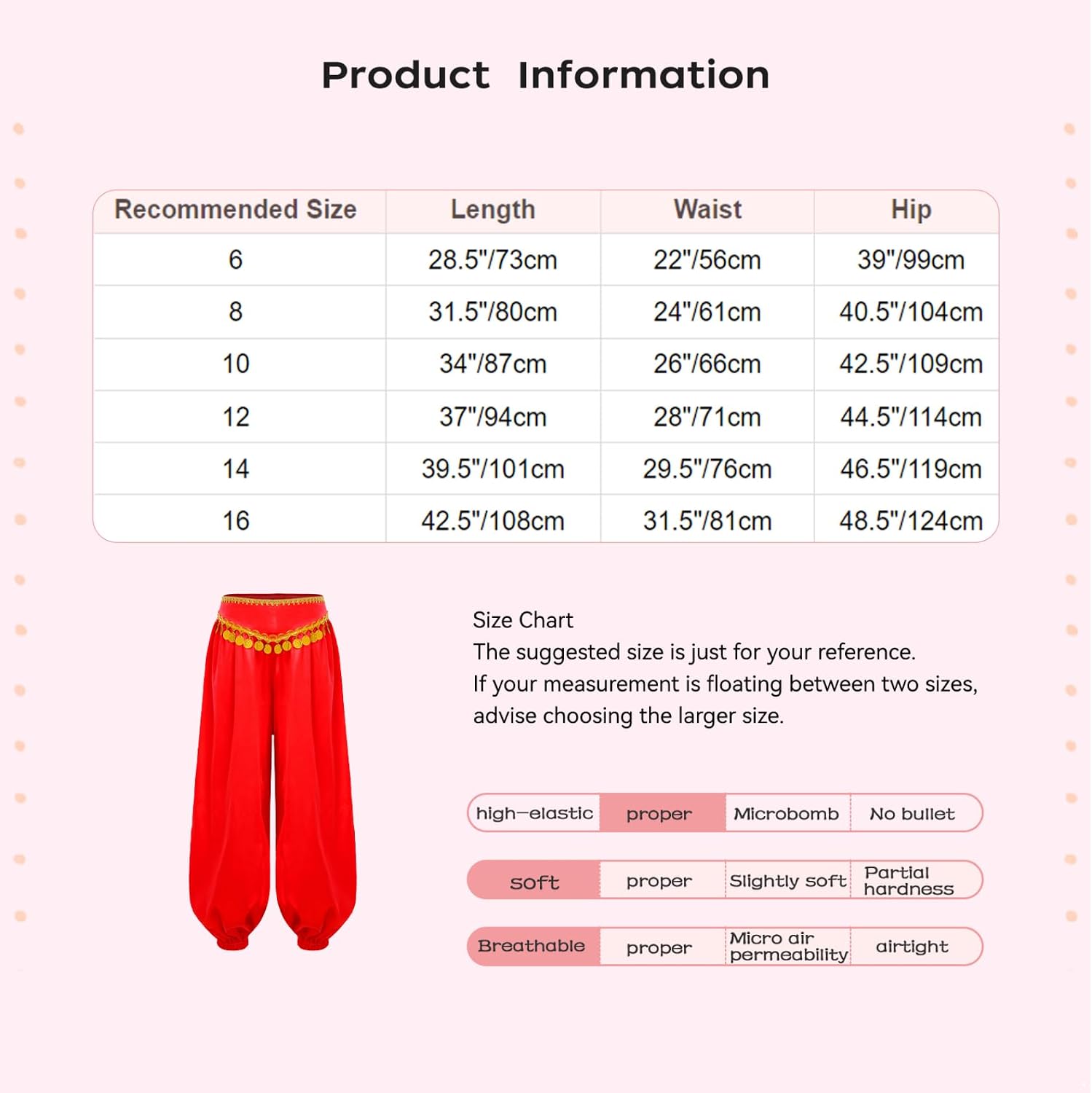 Linjinx Kids Girls Belly Dance Pants Stage Performance Themed Party Comfort Fit Halloween Wear Zippered Garment