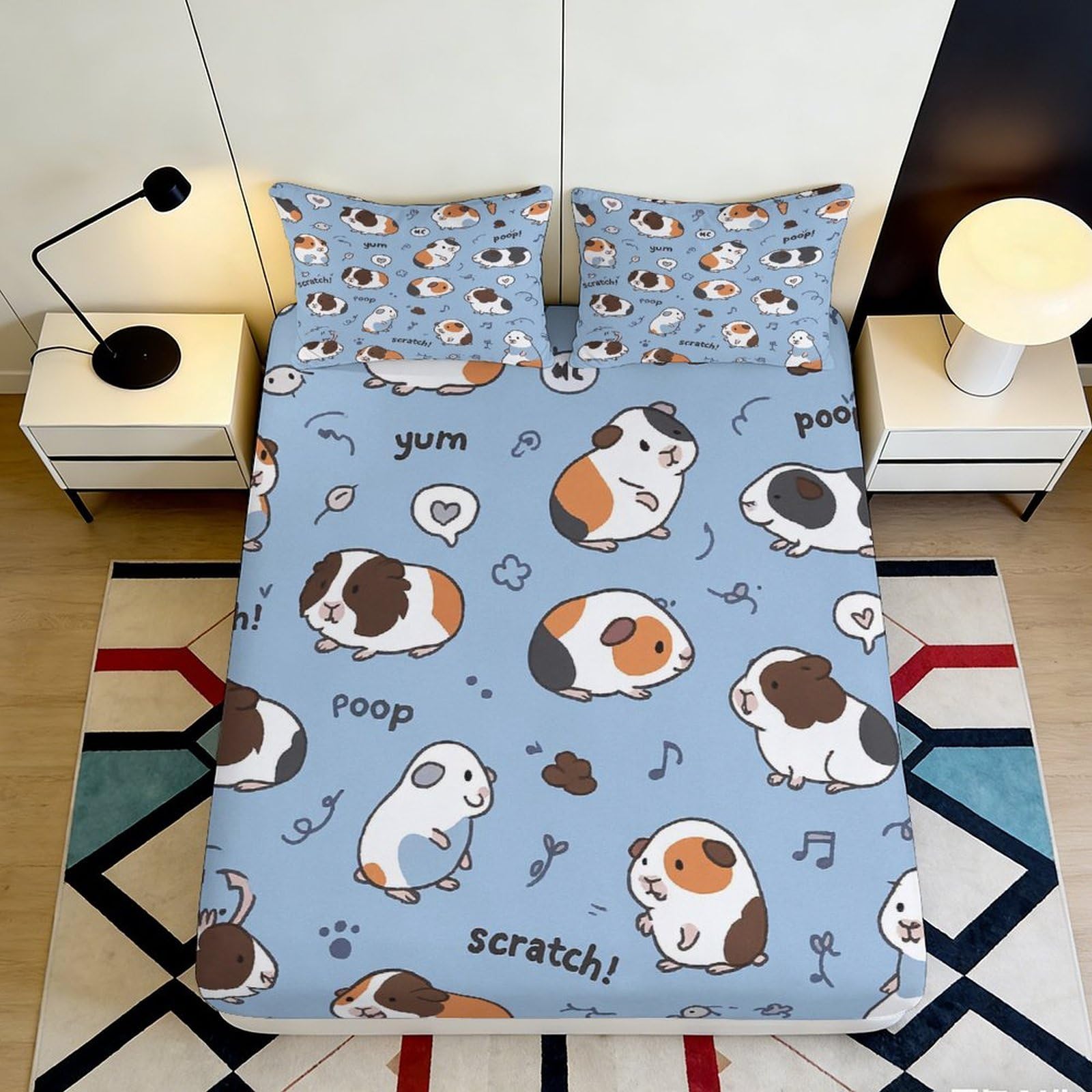 3D Printed Cute Guinea Pig Fitted Sheet Microfiber Deep Pocket Bedroom Bedding Guinea Pig Mattress Fitted Cover Washable 140x200x25cm