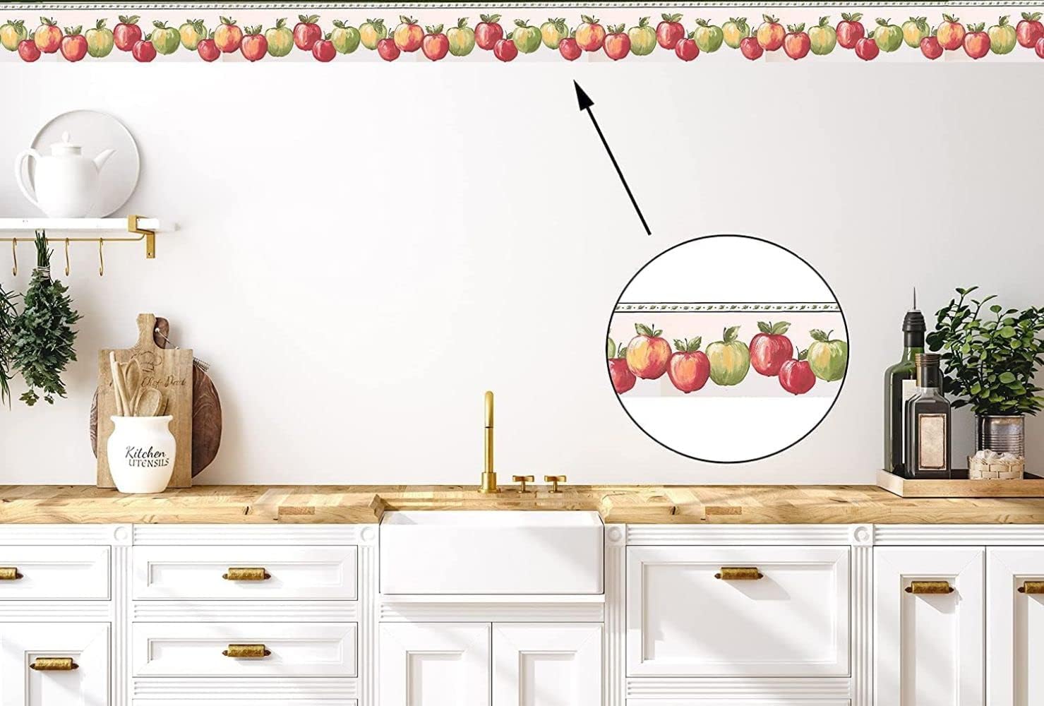 CONCORD WALLCOVERINGS ™ Wallpaper Border Kitchen Pattern Apples for Dining Area Kitchen Farm Store, Red Green Yellow White, 6.25 Inches by 15 Feet BP007154B