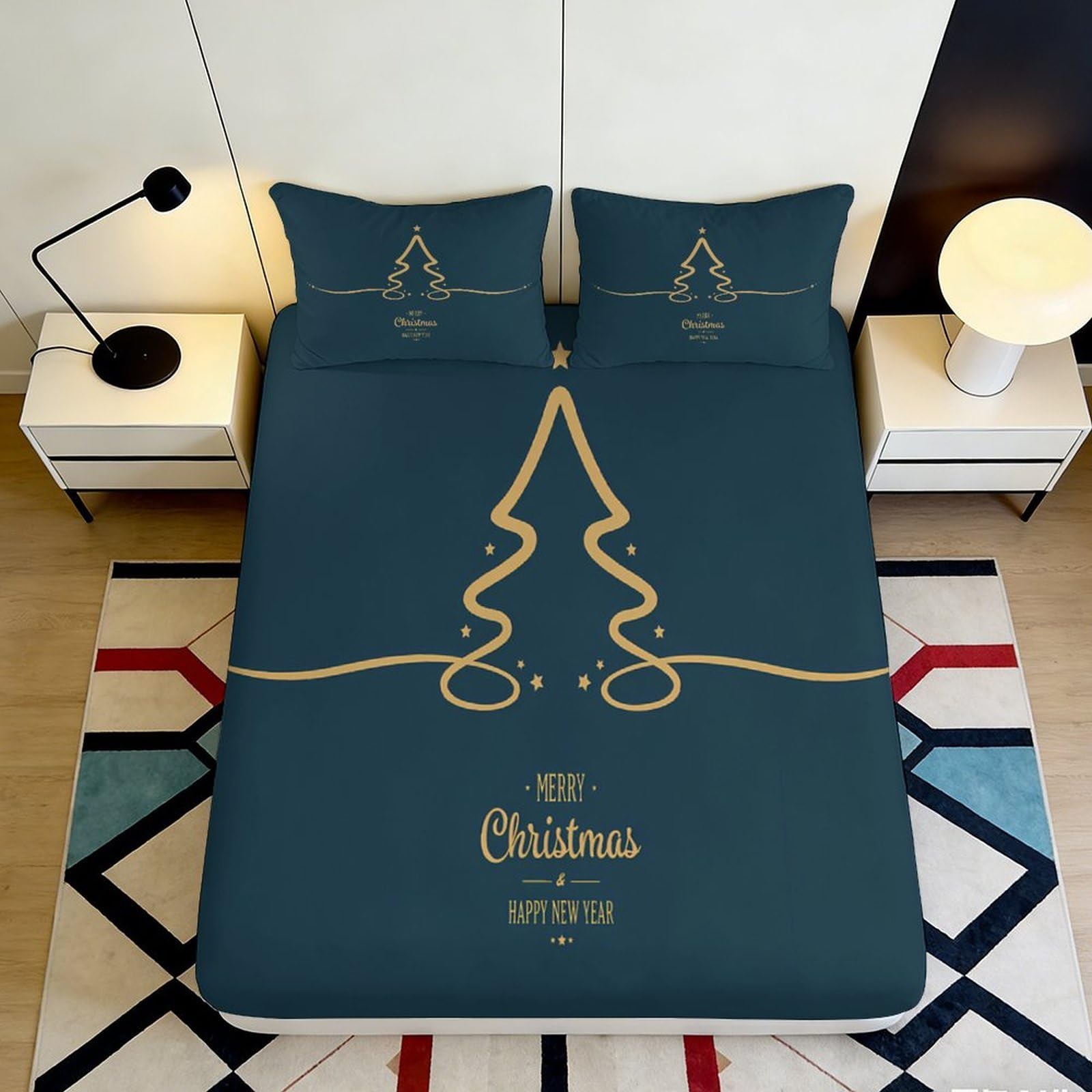 3D Printed Christmas Tree Fitted Sheet Microfiber Soft Breathable Merry Design Mattress Cover for Bedroom Dormitory Guest Room Protection 120x200x25cm