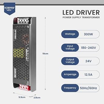 KSIBNW 24V Dimmable LED Driver 300W, Transformer 220V AC to 24V DC 12.5A Power Supply Constant Voltage Adapter Ultra Thin Low Voltage Transformer for 24 Volt LED Lights, Bulbs and Displays