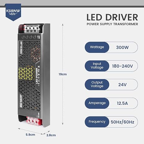 KSIBNW 24V Dimmable LED Driver 300W, Transformer 220V AC to 24V DC 12.5A Power Supply Constant Voltage Adapter Ultra Thin Low Voltage Transformer for 24 Volt LED Lights, Bulbs and Displays