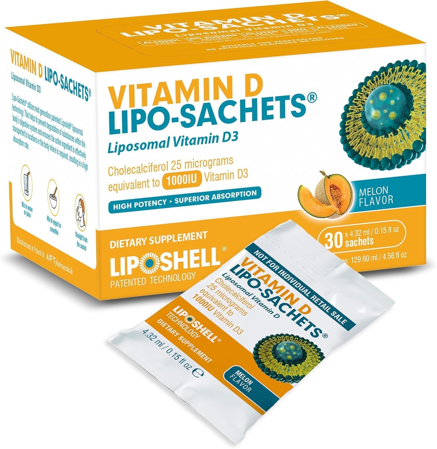 Lipo-Sachets Liposomal Vitamin D3-1000IU Per Serving for Immune System Support - High Absorption Vitamin D - GMO Free, No Added Sugar - 30 Liposomal Liquid Vitamin D Packets