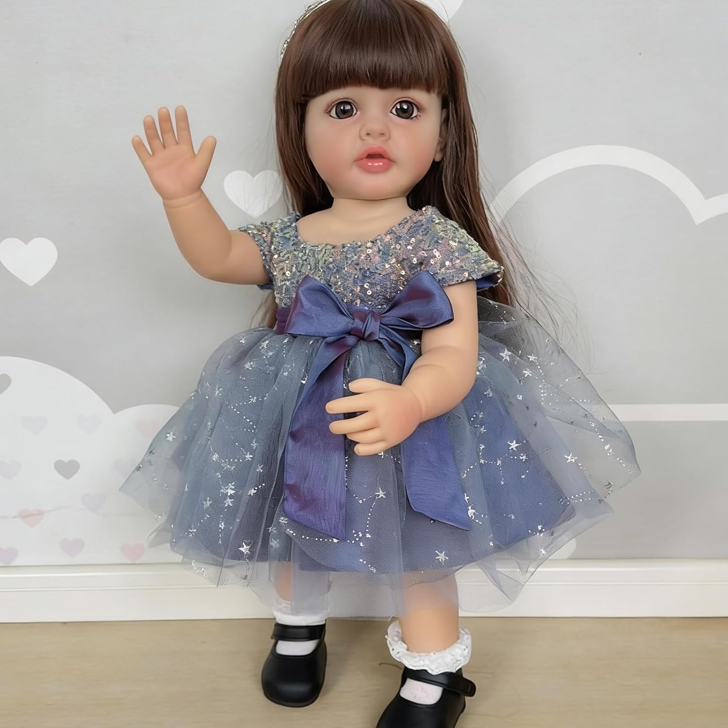 22 Inch Real Life Reborn Baby Doll Girl Full Body Vinyl Real Baby Size Long Hair Lifelike Brown Hair Anatomically Correct Realistic Newborn Princess Toddler Dolls Ideal Gift for Kids and Collectors
