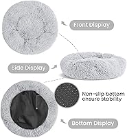 Vista 4 de Cama calmante en forma de dona para perros y gatos pequeños, medianos y grandes, antiansiedad, piel sintética, lavable, gris claro, 30 pulgadas