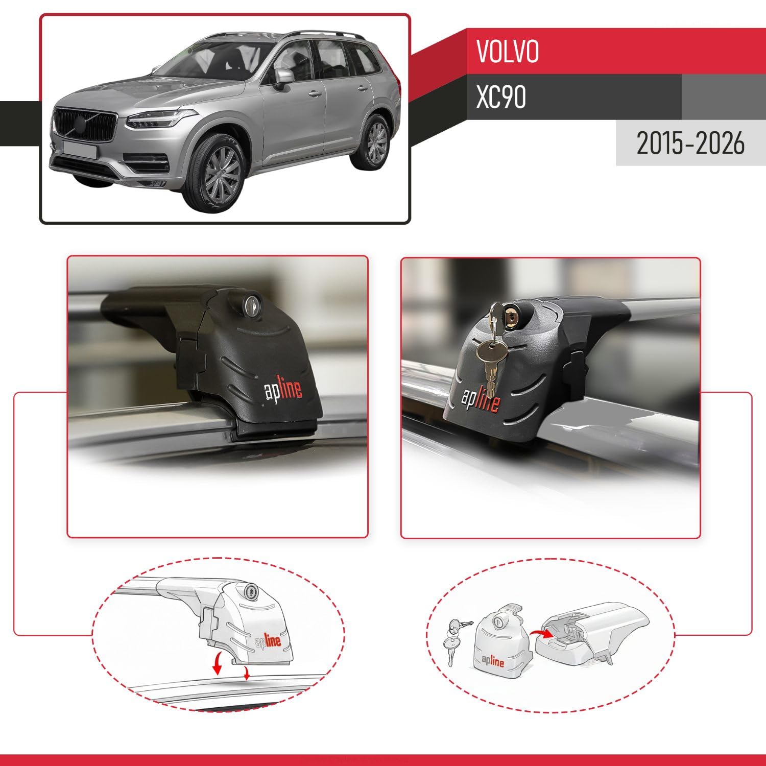 Compatible con Volvo XC90 II 2015-2026 Modelo Ace-2 Barra de Techo Auto Portaequipajes Barras Transversales Gris Aluminio 2 Barras