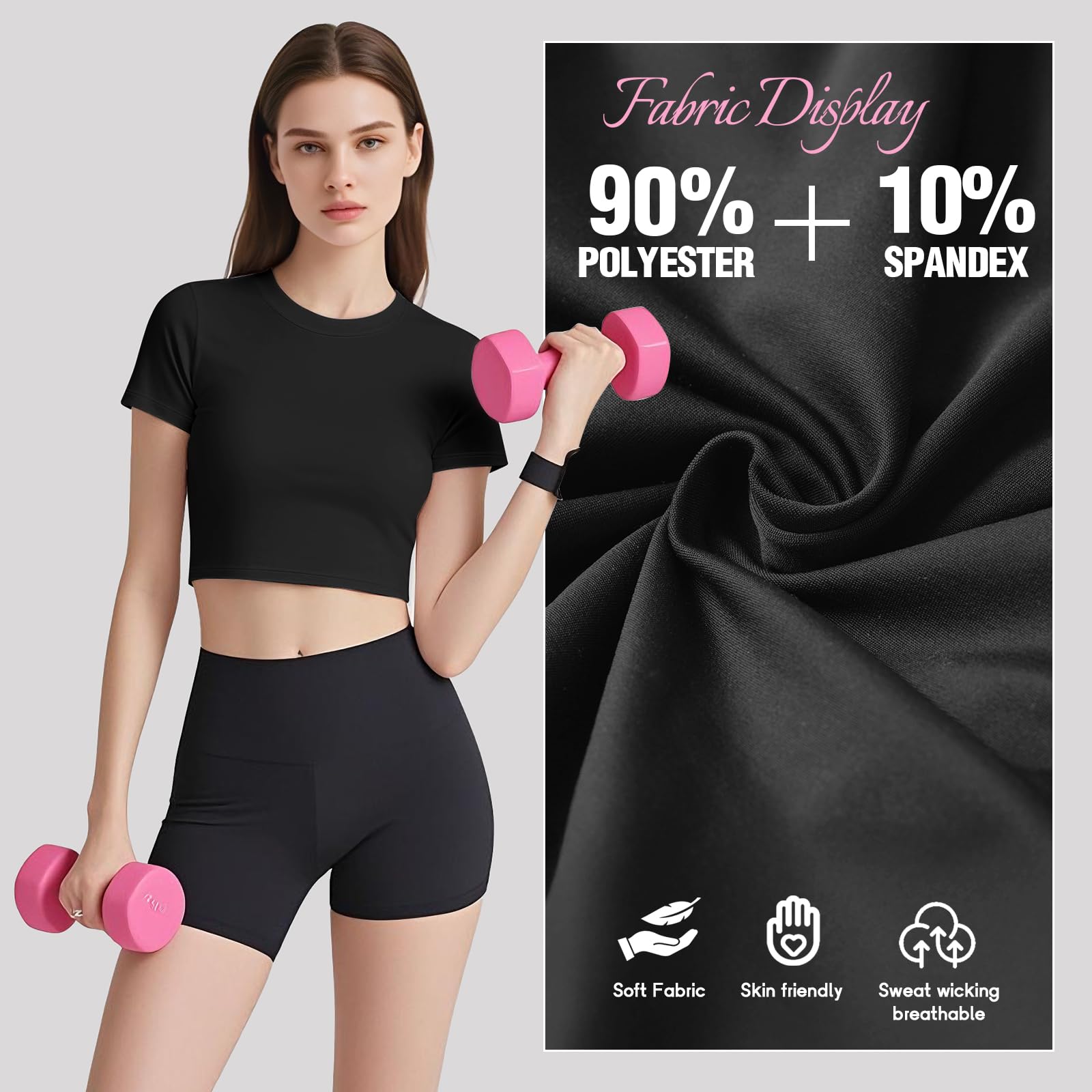 Coume Lot de 4 hauts courts de compression à séchage rapide pour femme - T-shirt à manches courtes et col rond - T-shirt de yoga basique