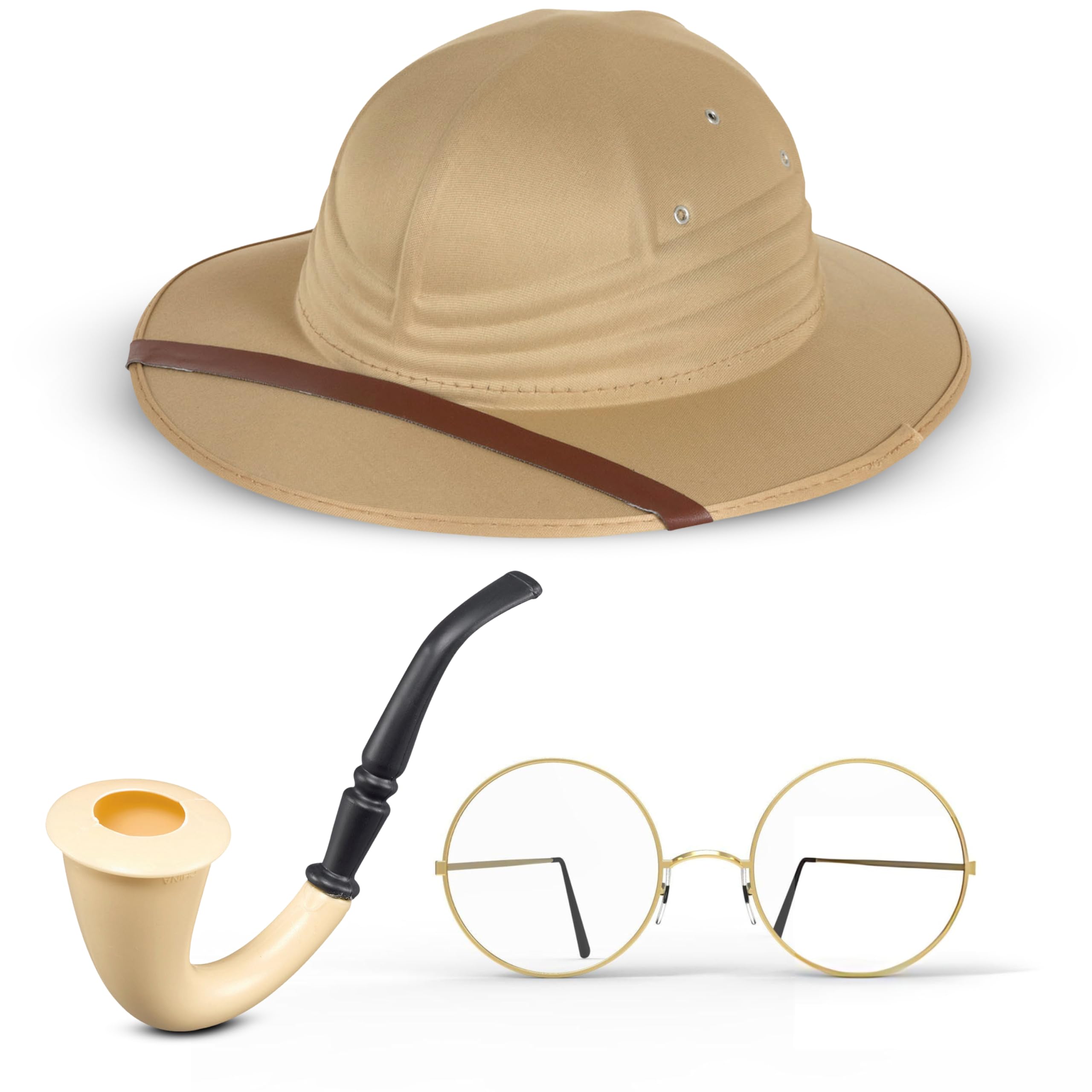 Mega_Jumble Jungle Safari Zoo Keeper Costume Set for Mens Womens | Pith Helmet + Round Frame Glasses + Fake Pipe | Explorer Adventurer Fancy Dress Accessory Kit for Adult