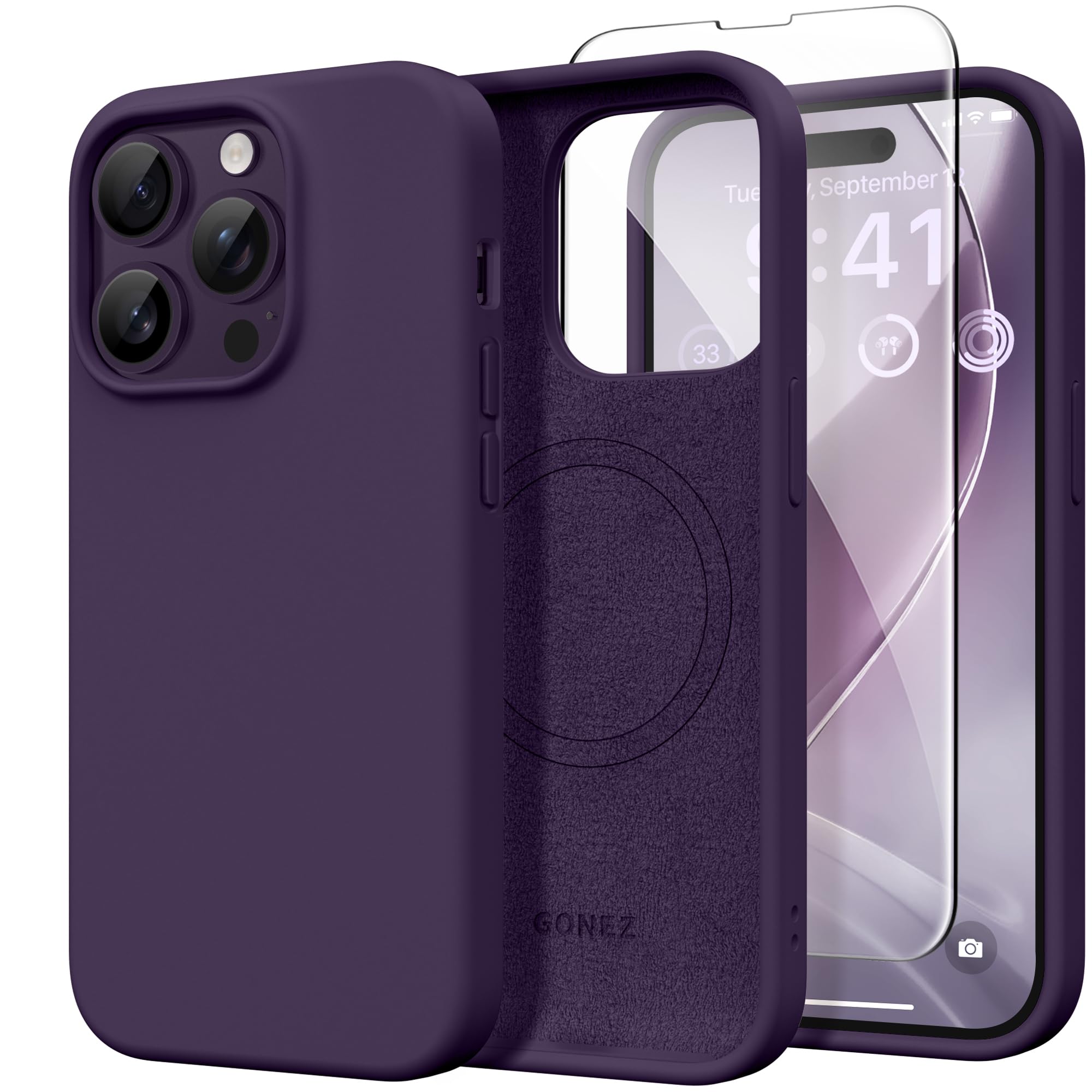 GONEZ Magnetic for iPhone 14 Pro Case, [Compatible with MagSafe] Anti-Scratch Microfiber Lining &amp; Screen Protector, Shockproof Slim Phone Silicone Cover 6.1 inch, Deep Purple